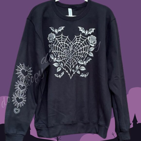 Gothic Web Heart Sweatshirt: Bats & Roses Emo Graphic Pullover - Picture 1 of 2